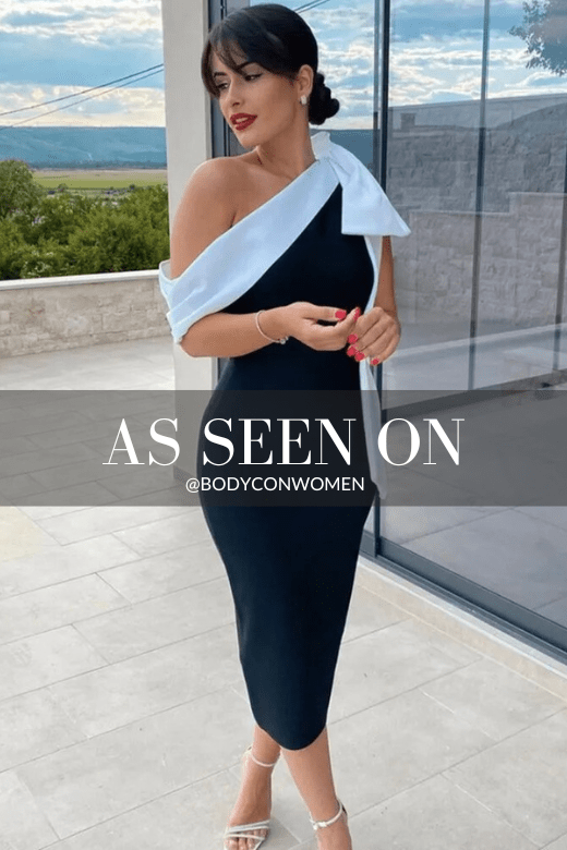 Woman wearing a figure flattering  Bia Bandage Midi Dress - Royal Blue BODYCON COLLECTION