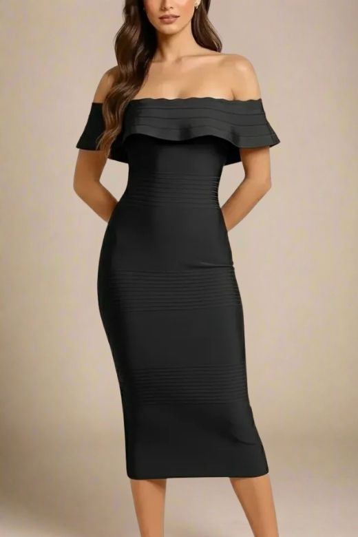 Woman wearing a figure flattering  Billie Bandage Midi Dress - Classic Black Bodycon Collection