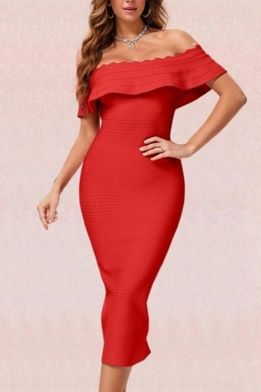 Woman wearing a figure flattering  Billie Bandage Midi Dress - Lipstick Red Bodycon Collection