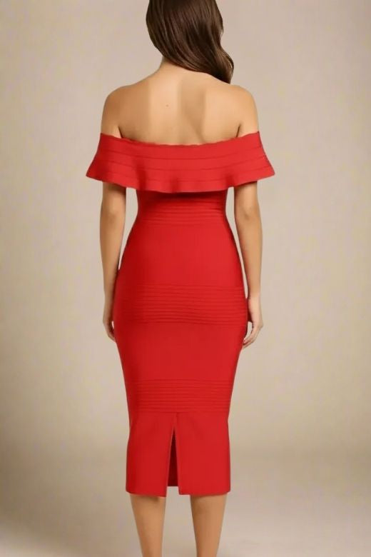 Woman wearing a figure flattering  Billie Bandage Midi Dress - Lipstick Red Bodycon Collection
