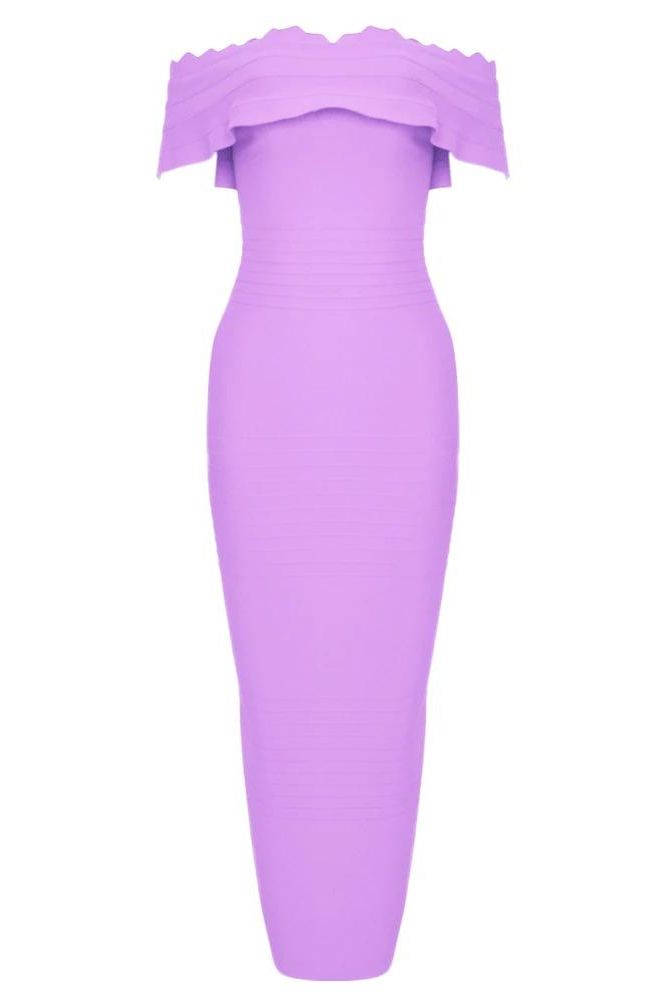 Woman wearing a figure flattering  Billie Bandage Midi Dress - Violet Bodycon Collection
