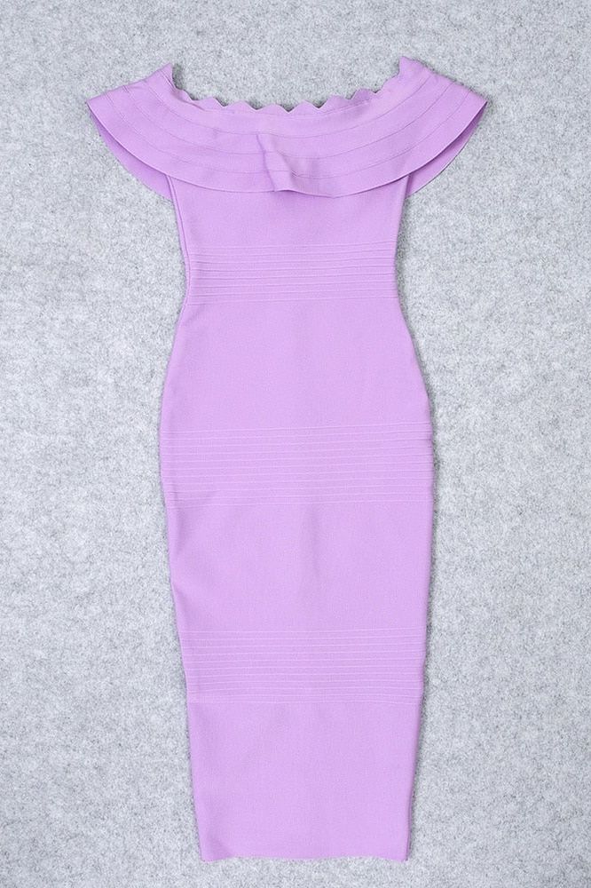 Woman wearing a figure flattering  Billie Bandage Midi Dress - Violet Bodycon Collection