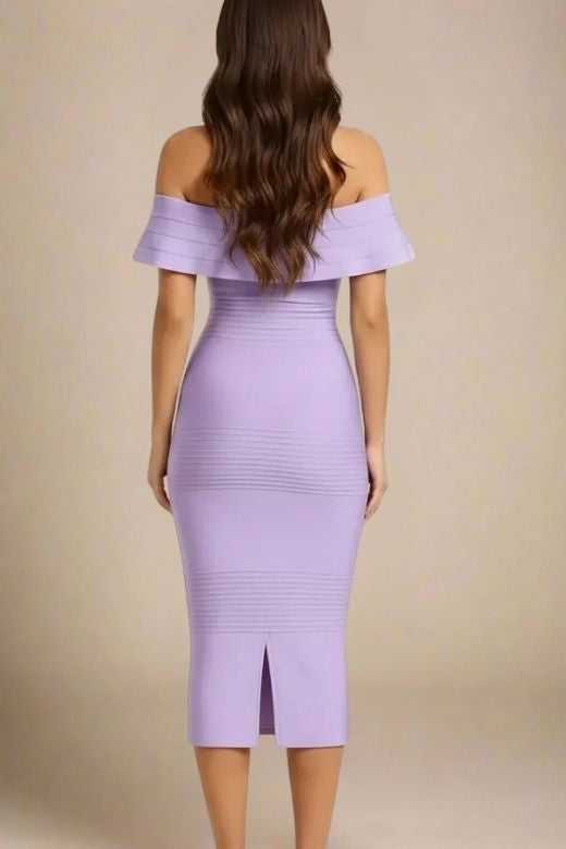 Woman wearing a figure flattering  Billie Bandage Midi Dress - Violet Purple Bodycon Collection