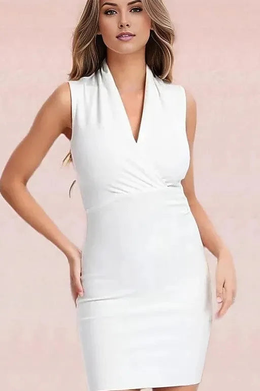 Woman wearing a figure flattering  Blaire Bandage Mini Dress - Pearl White BODYCON COLLECTION