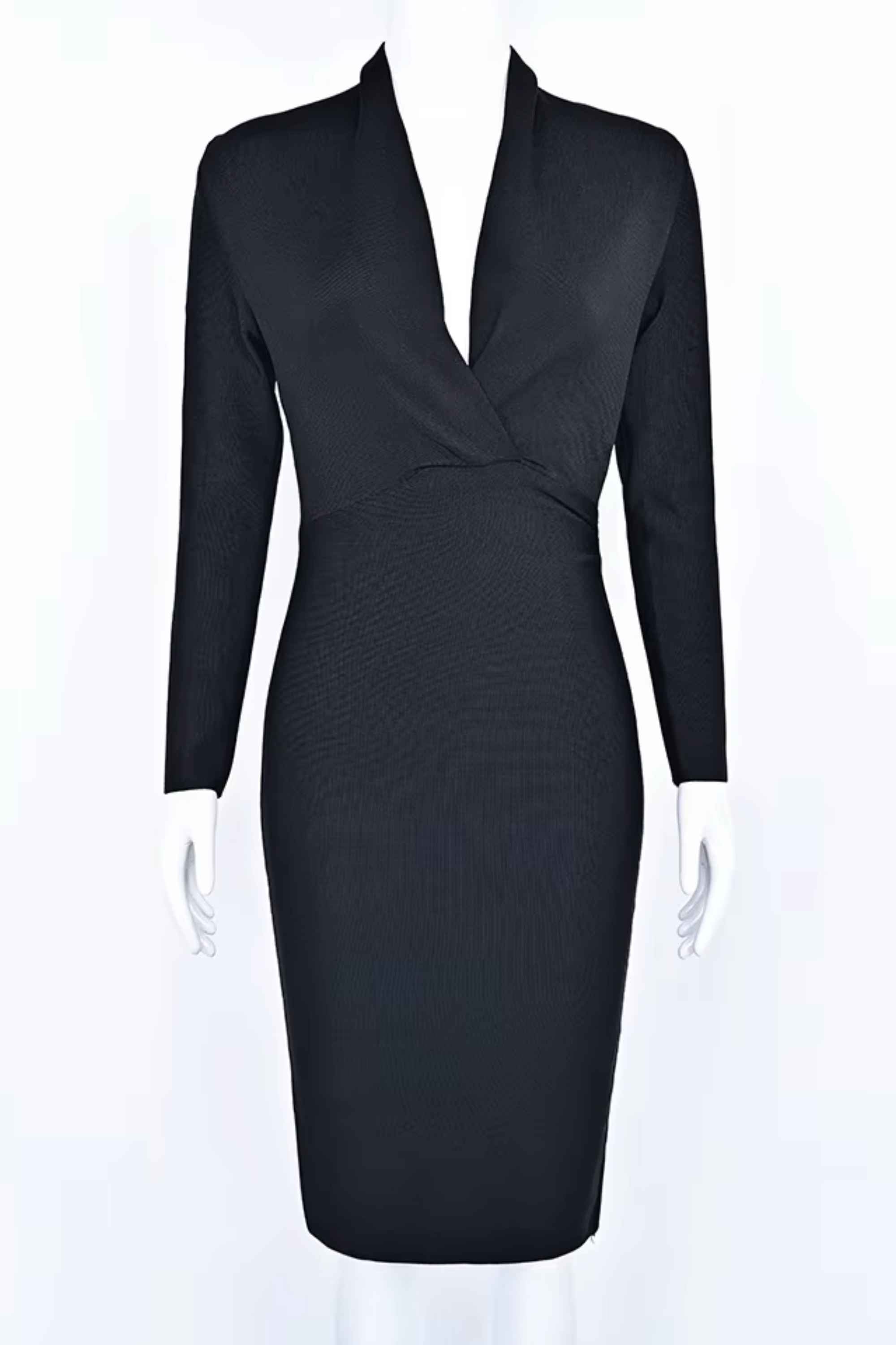 Woman wearing a figure flattering  Blaire Long Sleeve Bandage Dress - Classic Black BODYCON COLLECTION