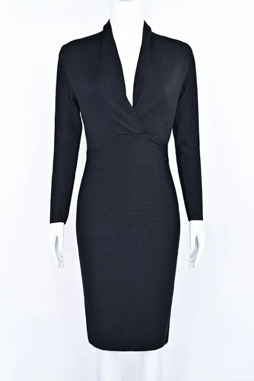 Woman wearing a figure flattering  Blaire Long Sleeve Bandage Dress - Classic Black BODYCON COLLECTION