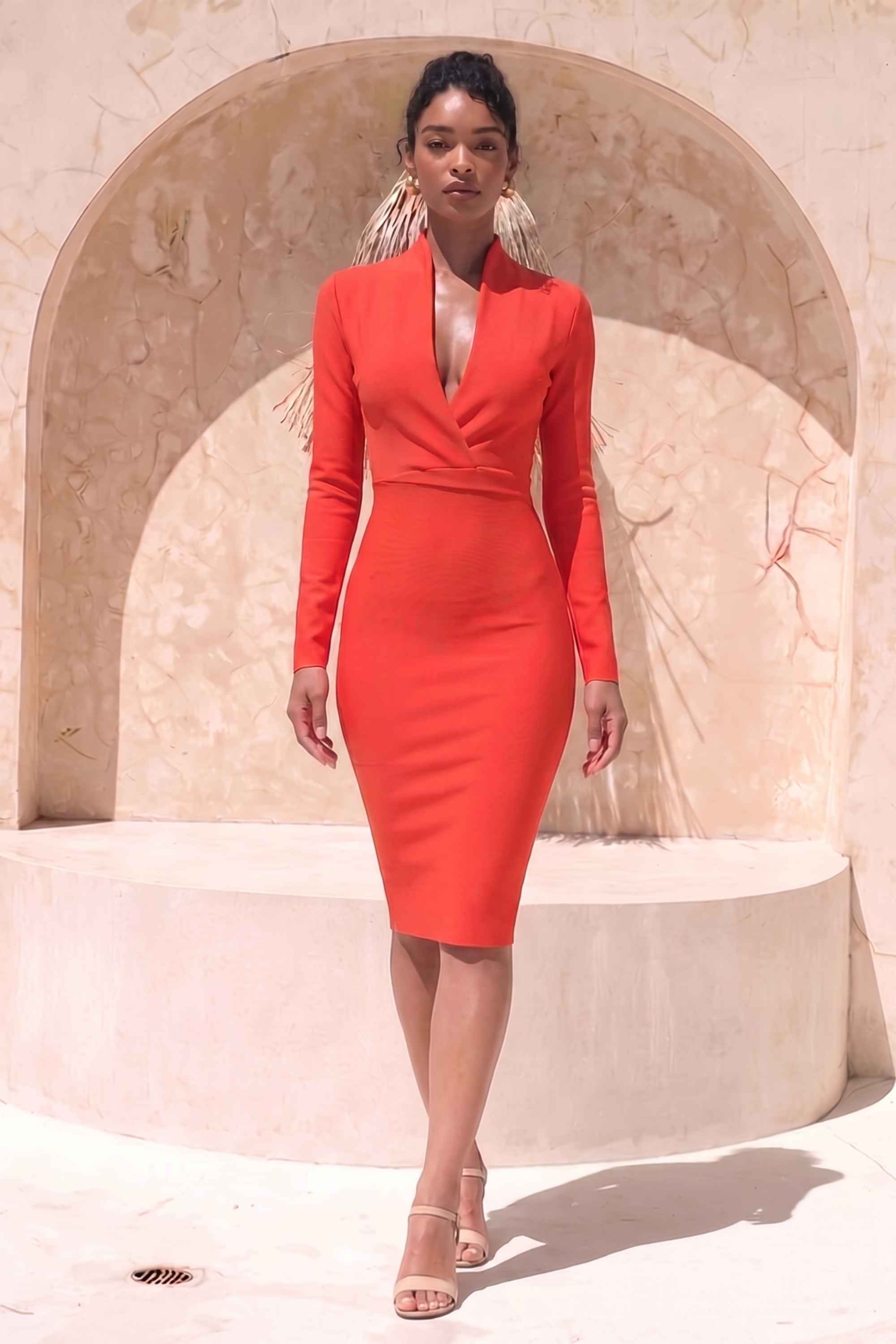 Woman wearing a figure flattering  Blaire Long Sleeve Bandage Dress - Lipstick Red BODYCON COLLECTION