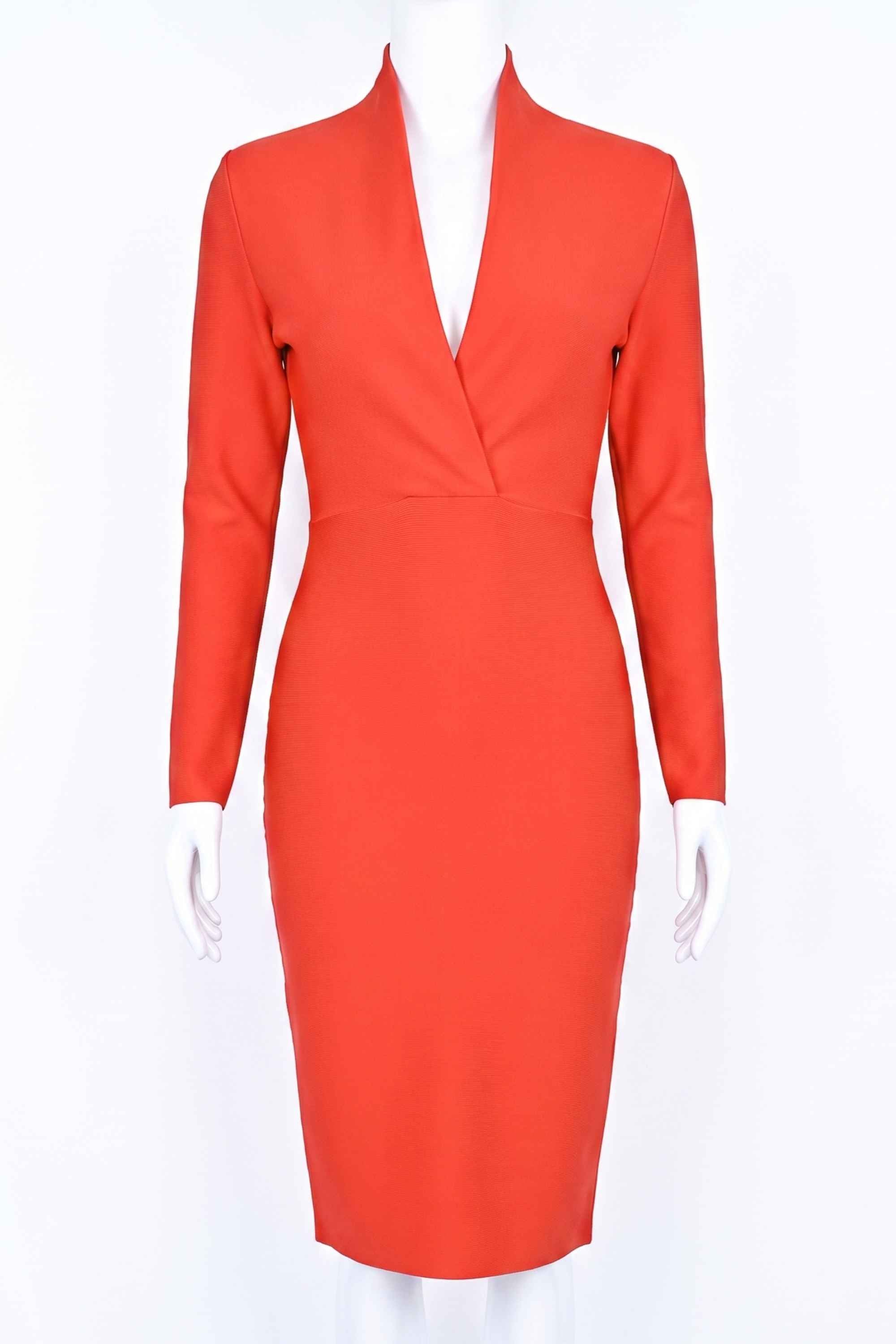 Woman wearing a figure flattering  Blaire Long Sleeve Bandage Dress - Lipstick Red BODYCON COLLECTION