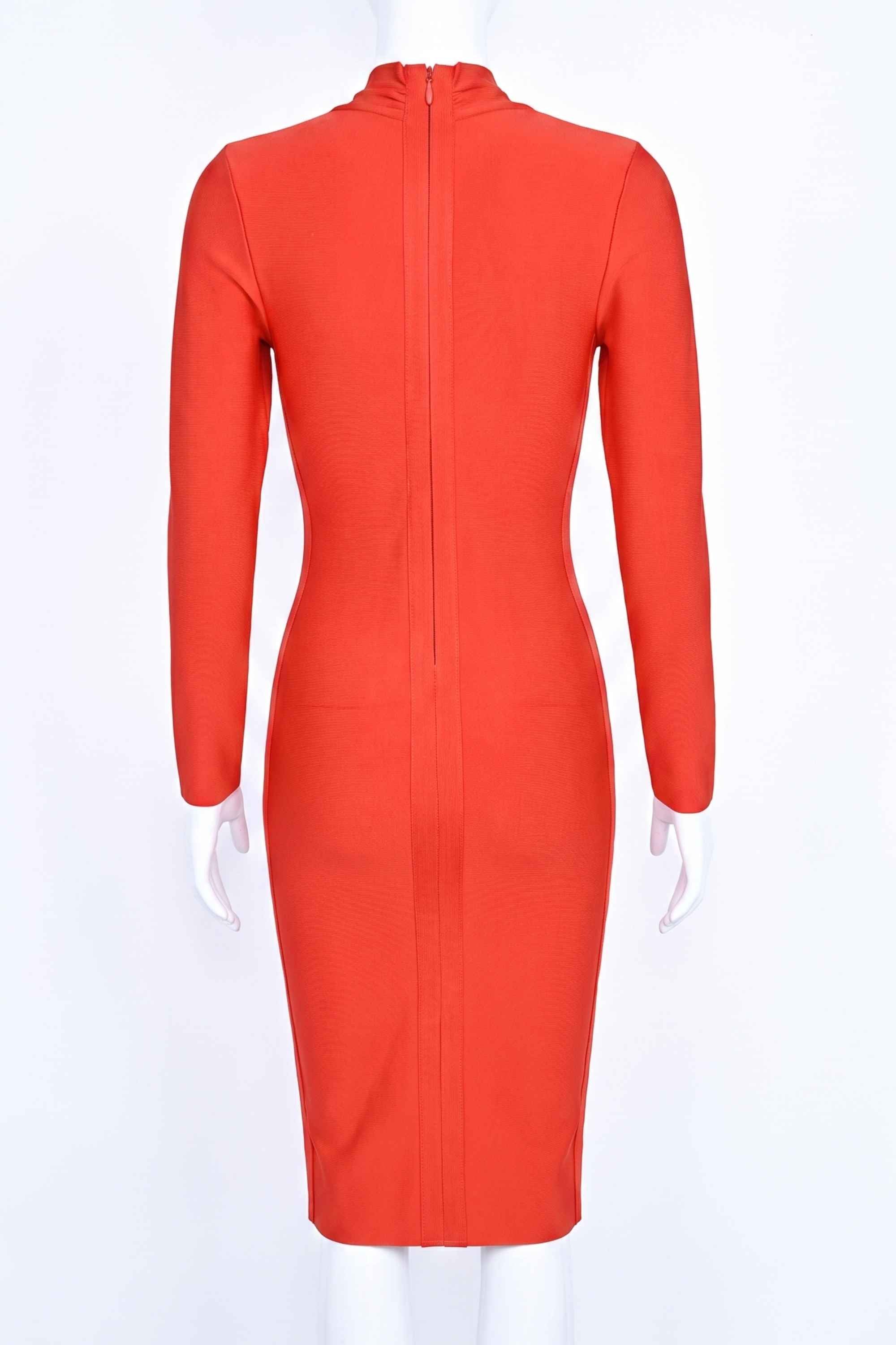 Woman wearing a figure flattering  Blaire Long Sleeve Bandage Dress - Lipstick Red BODYCON COLLECTION