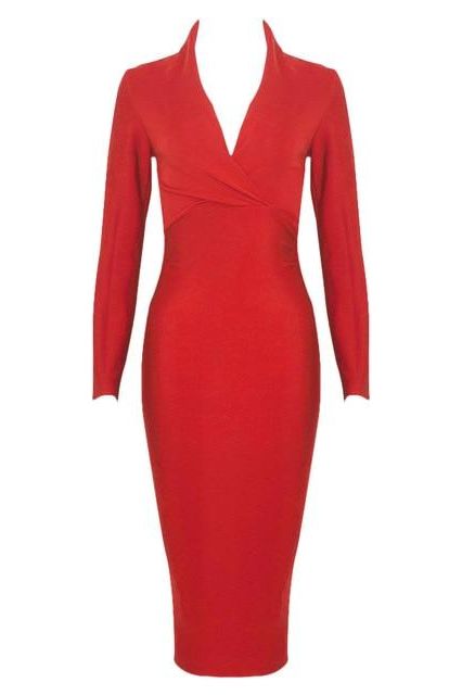 Woman wearing a figure flattering  Blaire Long Sleeve Bandage Dress - Lipstick Red BODYCON COLLECTION