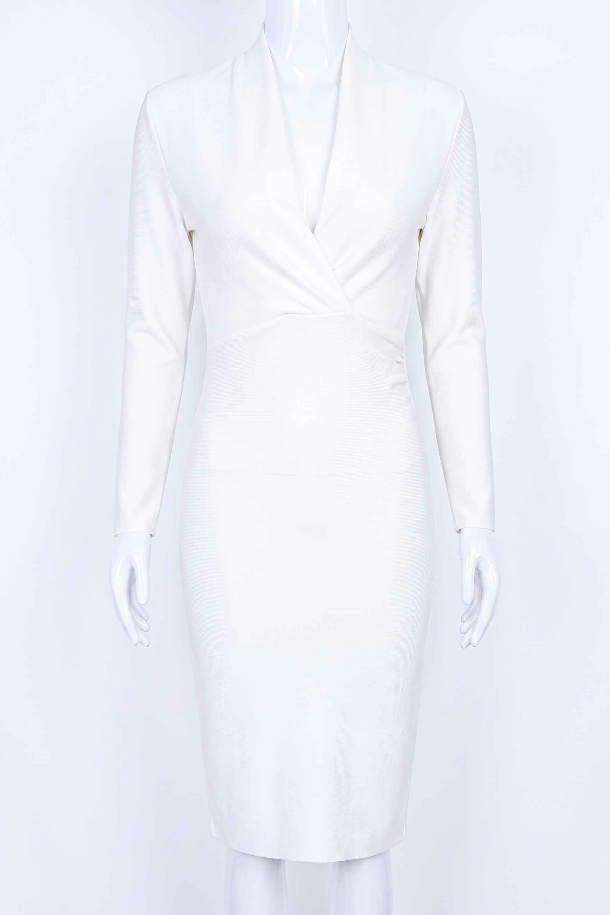 Woman wearing a figure flattering  Blaire Long Sleeve Bandage Dress - Pearl White BODYCON COLLECTION
