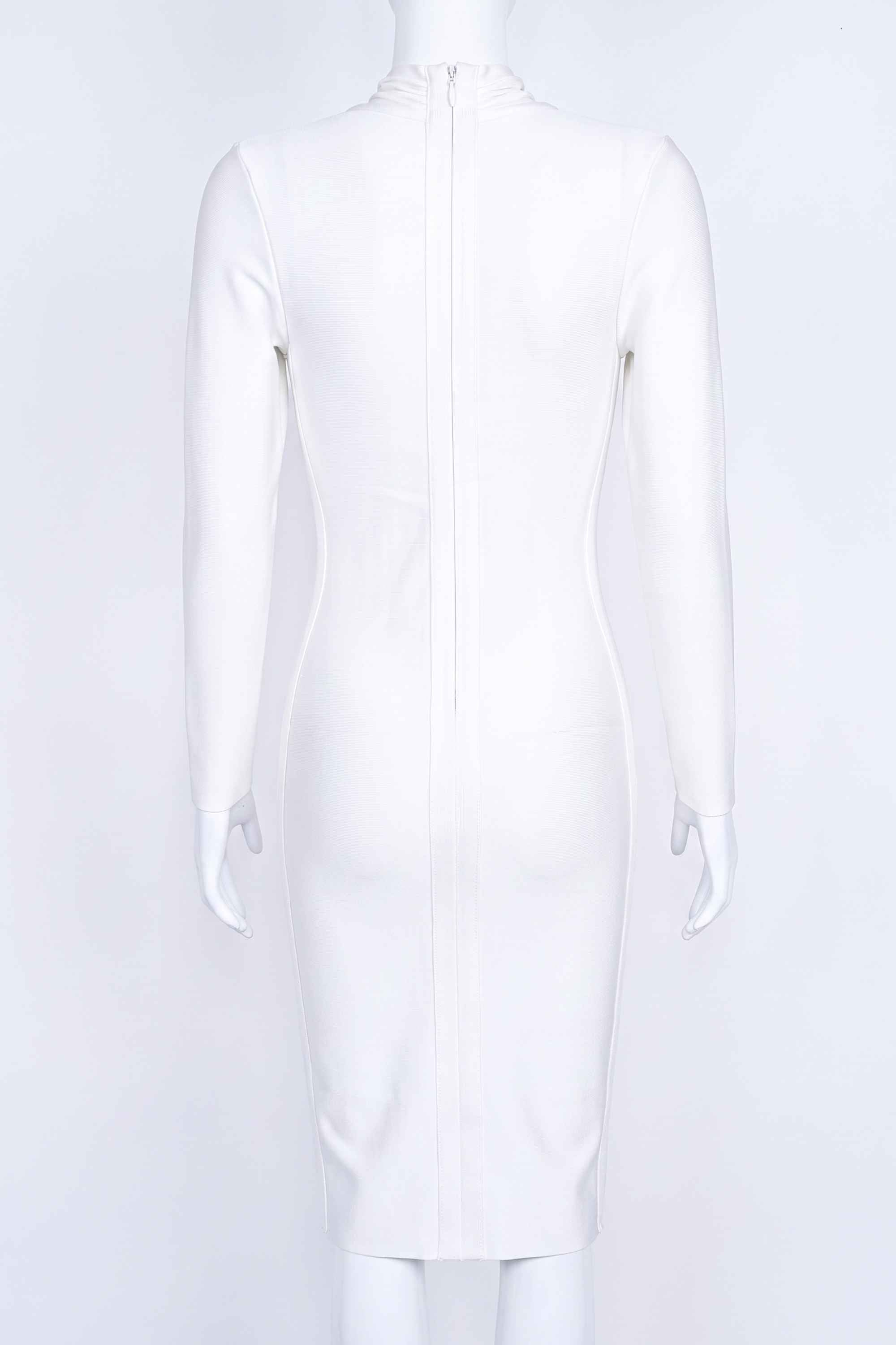 Woman wearing a figure flattering  Blaire Long Sleeve Bandage Dress - Pearl White BODYCON COLLECTION