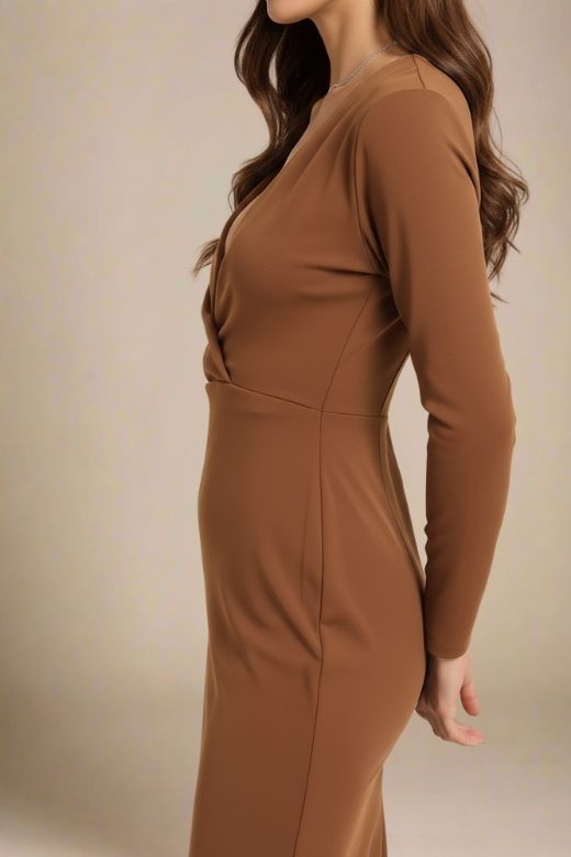 Woman wearing a figure flattering  Blaire Long Sleeve Bandage Dress - Tan Brown BODYCON COLLECTION