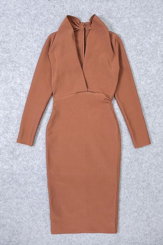 Woman wearing a figure flattering  Blaire Long Sleeve Bandage Dress - Tan Brown BODYCON COLLECTION