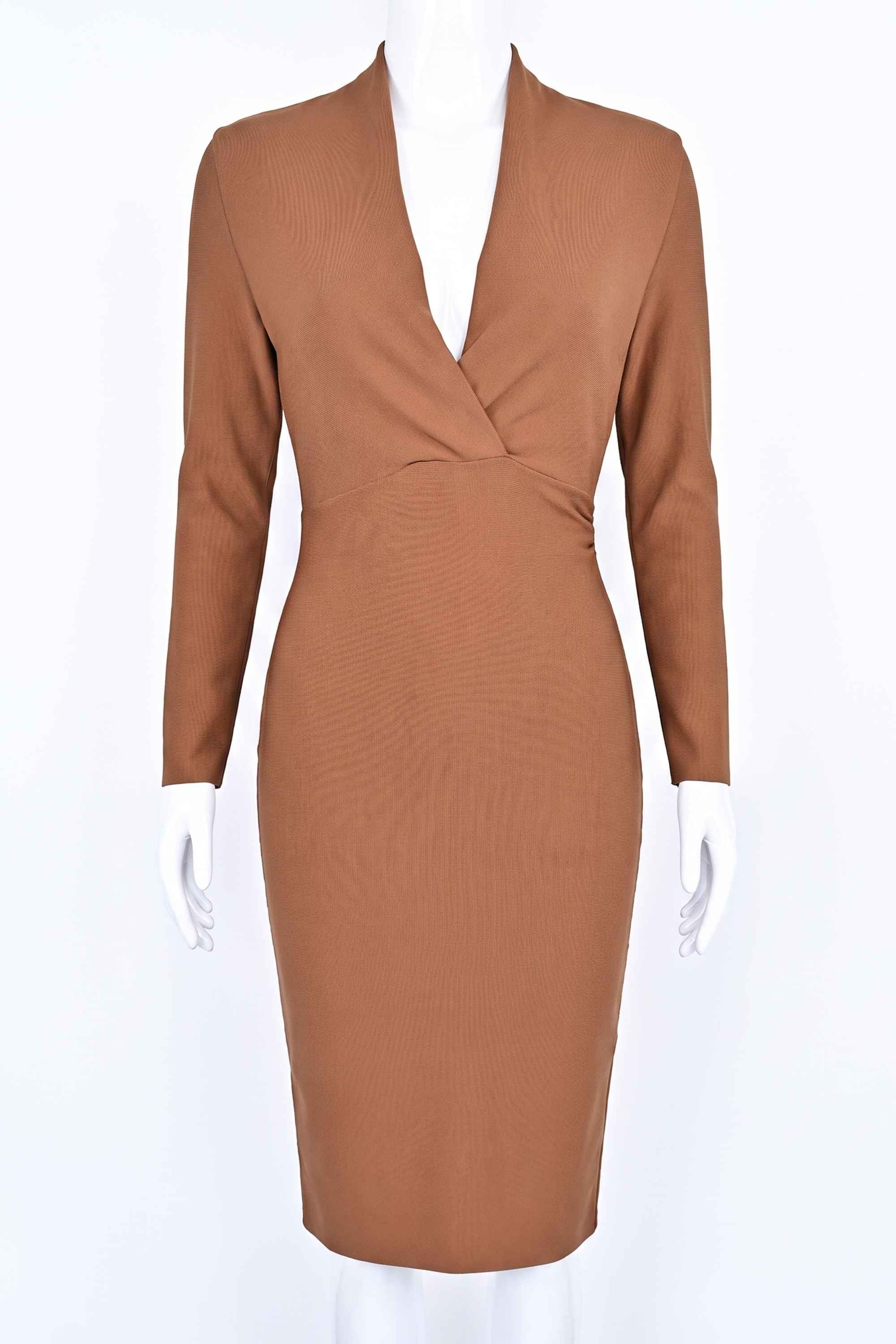 Woman wearing a figure flattering  Blaire Long Sleeve Bandage Dress - Tan Brown BODYCON COLLECTION