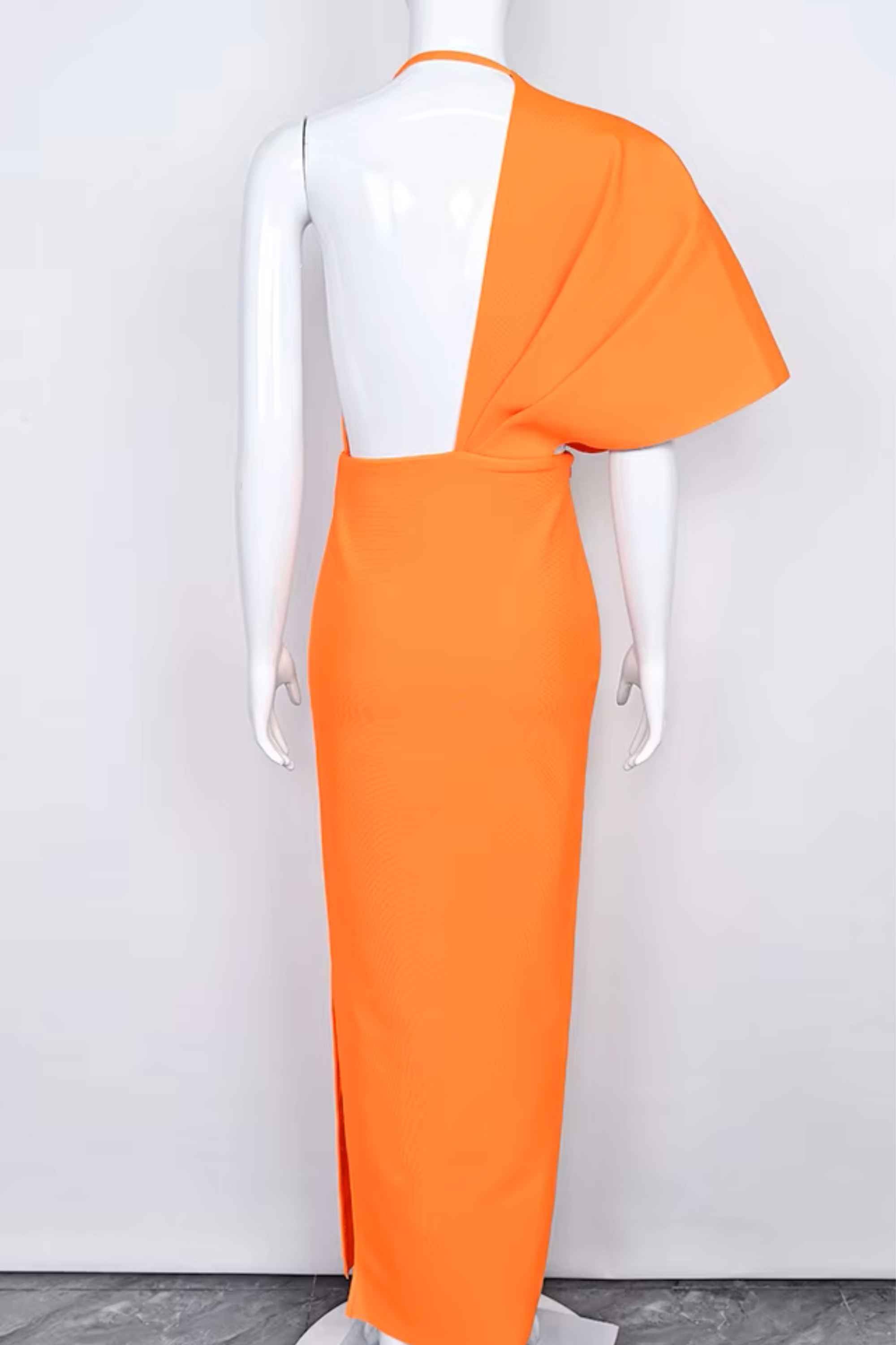 Woman wearing a figure flattering  Blake Bandage Maxi Dress - Apricot Orange BODYCON COLLECTION
