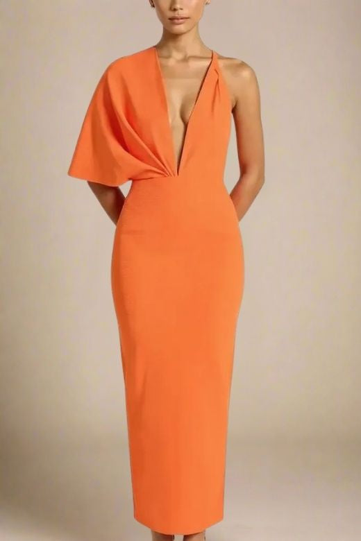 Woman wearing a figure flattering  Blake Bandage Maxi Dress - Apricot Orange BODYCON COLLECTION