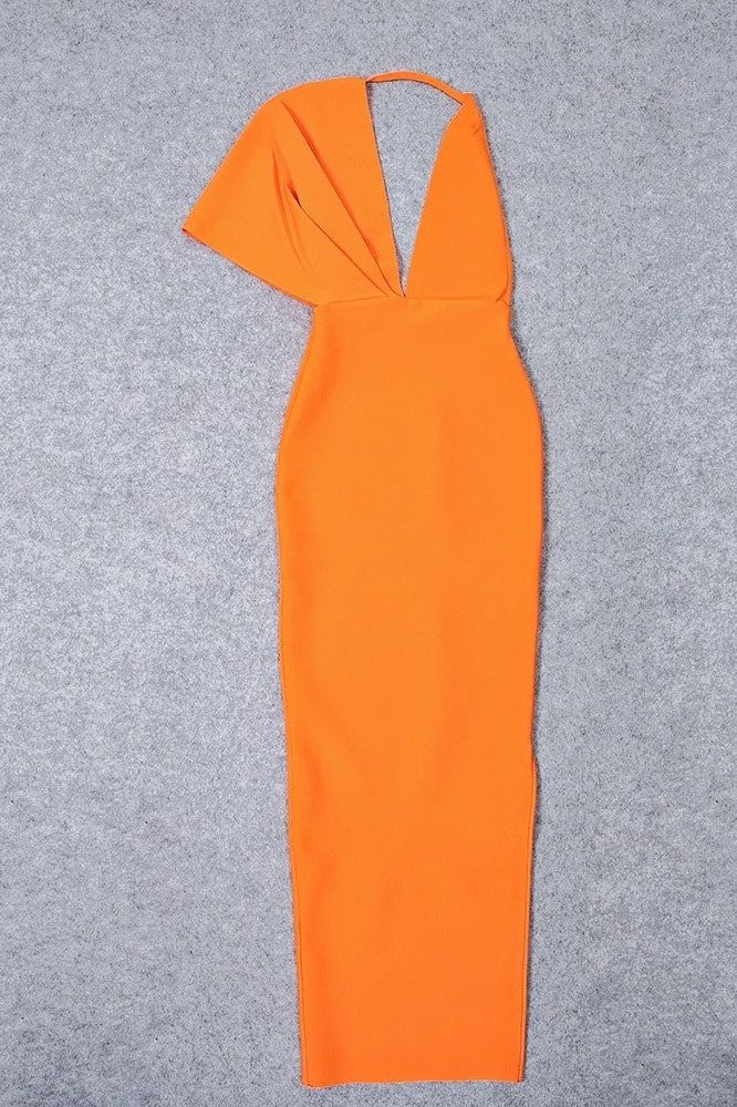 Woman wearing a figure flattering  Blake Bandage Maxi Dress - Apricot Orange BODYCON COLLECTION