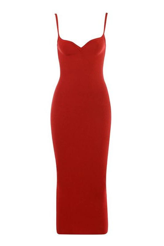 Woman wearing a figure flattering  Blanche Bandage Midi Dress - Lipstick Red BODYCON COLLECTION