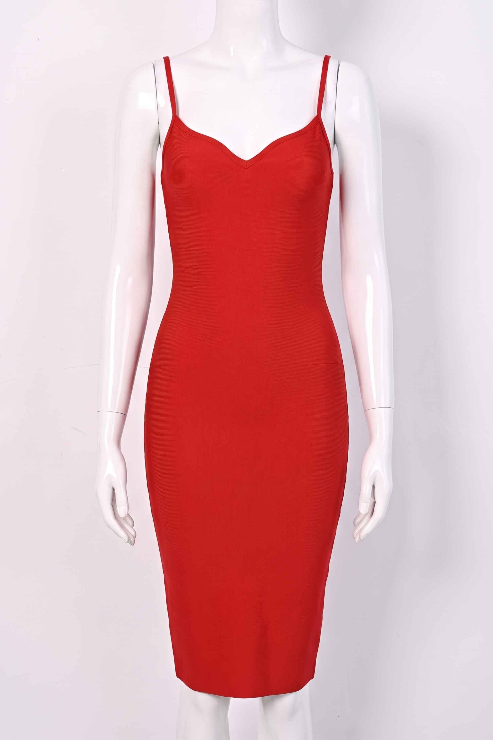 Woman wearing a figure flattering  Blanche Bandage Midi Dress - Lipstick Red BODYCON COLLECTION