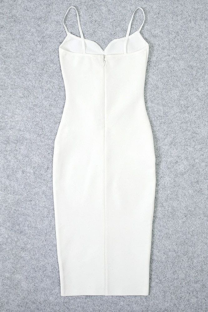 Woman wearing a figure flattering  Blanche Bandage Midi Dress - Pearl White BODYCON COLLECTION