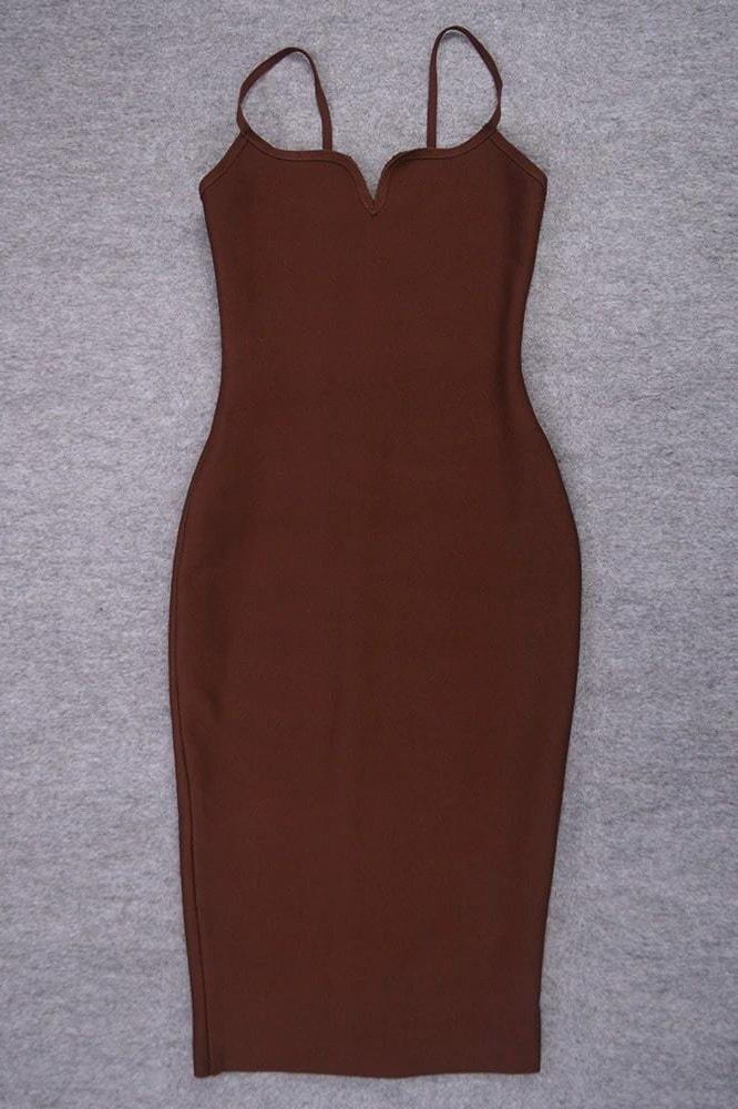 Woman wearing a figure flattering  Blanche Bandage Midi Dress - Tan Brown BODYCON COLLECTION