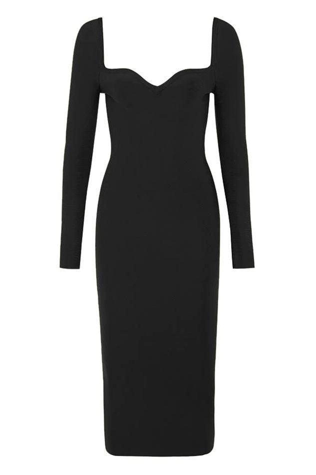 Woman wearing a figure flattering  Blanche Long Sleeve Bandage Midi Dress - Classic Black BODYCON COLLECTION