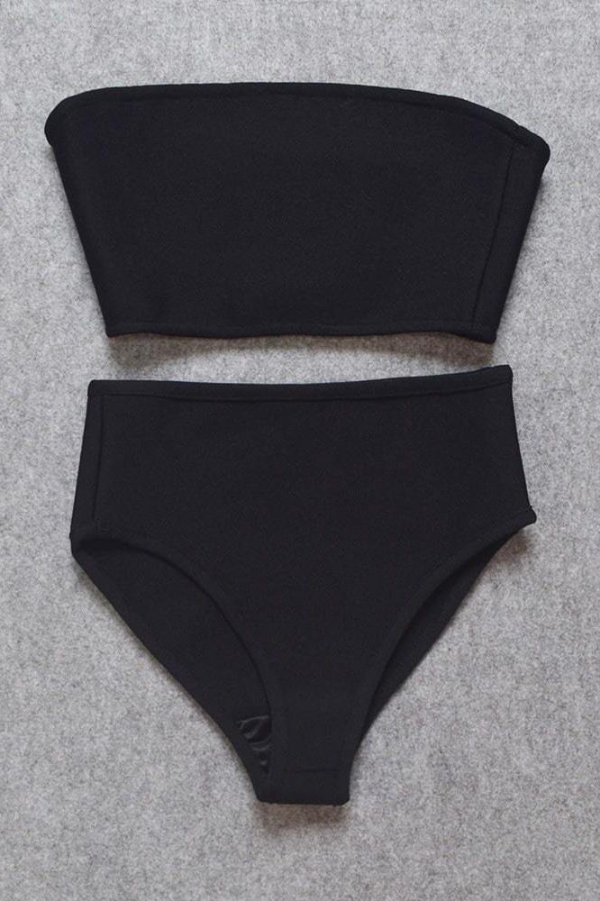 Woman wearing a figure flattering  Bondi High Waist Strapless Bikini Set - Classic Black BODYCON COLLECTION