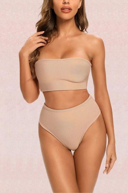 Woman wearing a figure flattering  Bondi High Waist Strapless Bikini Set - Nude BODYCON COLLECTION