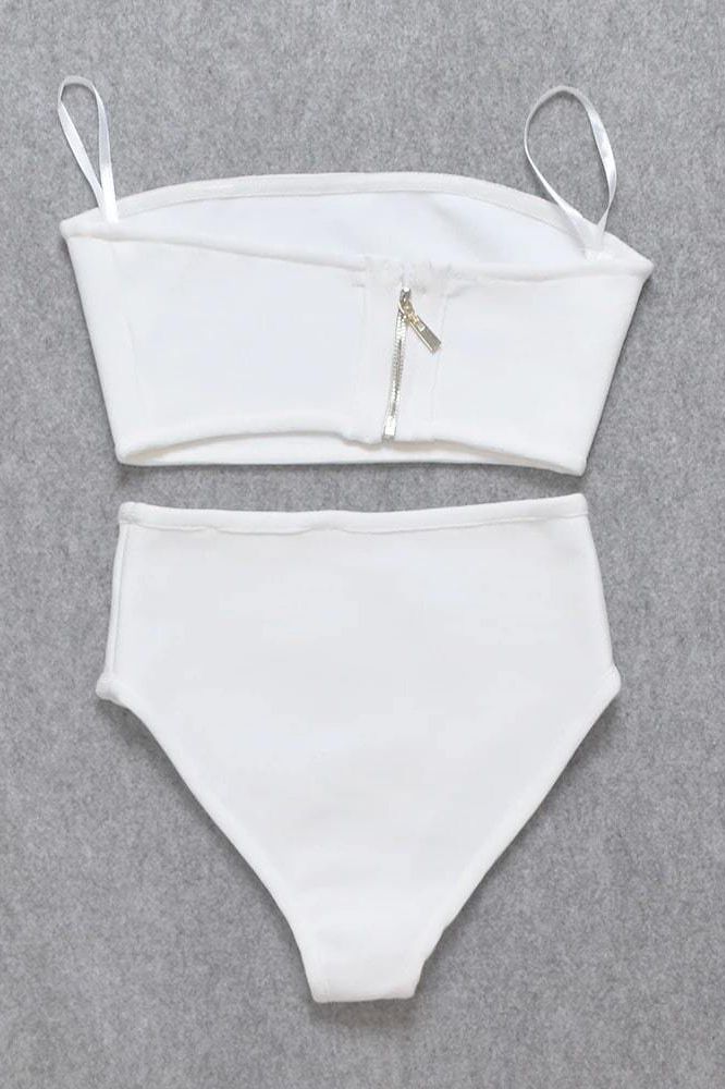 Woman wearing a figure flattering  Bondi High Waist Strapless Bikini Set - Pearl White BODYCON COLLECTION