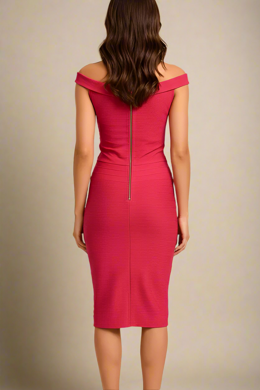 Woman wearing a figure flattering  Breanna Bandage Dress - Chilli Red BODYCON COLLECTION