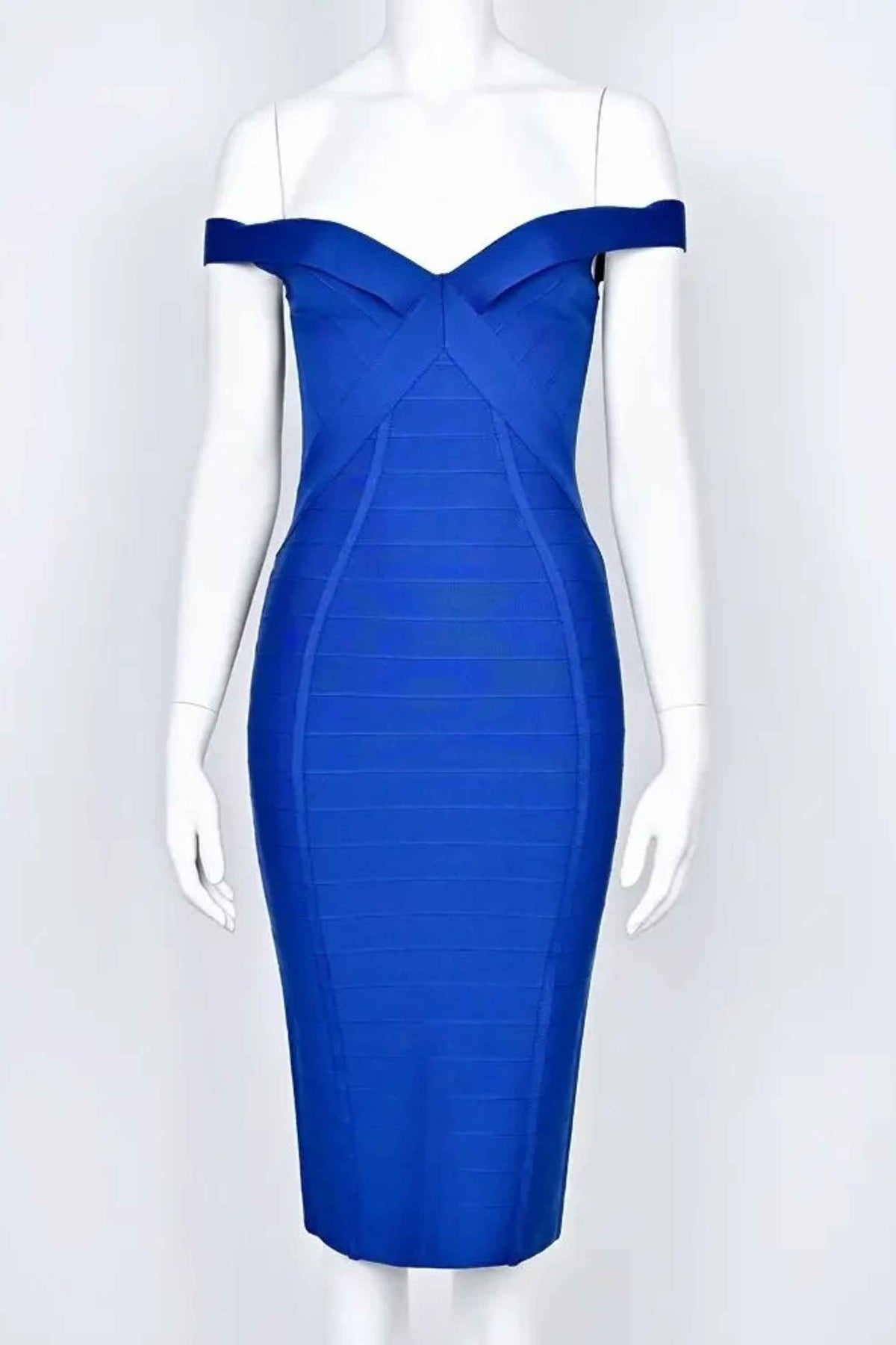 Woman wearing a figure flattering  Breanna Bandage Dress - Navy Blue BODYCON COLLECTION
