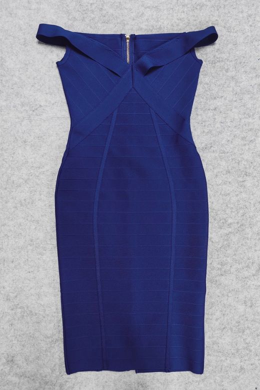 Woman wearing a figure flattering  Breanna Bandage Dress - Navy Blue BODYCON COLLECTION