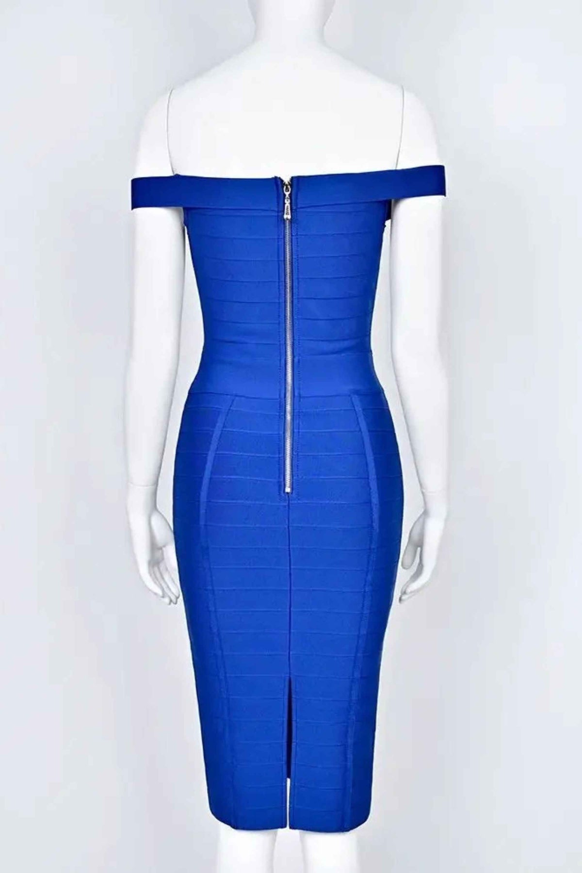 Woman wearing a figure flattering  Breanna Bandage Dress - Navy Blue BODYCON COLLECTION