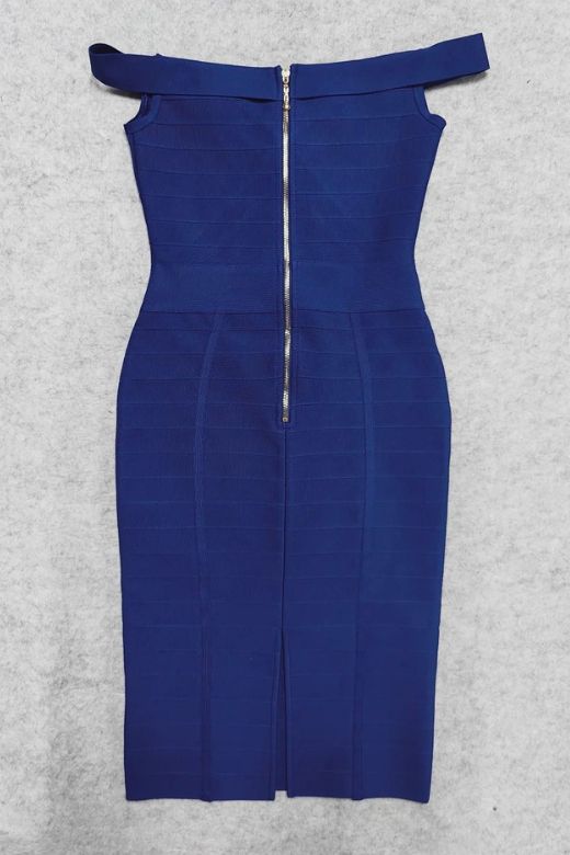 Woman wearing a figure flattering  Breanna Bandage Dress - Navy Blue BODYCON COLLECTION