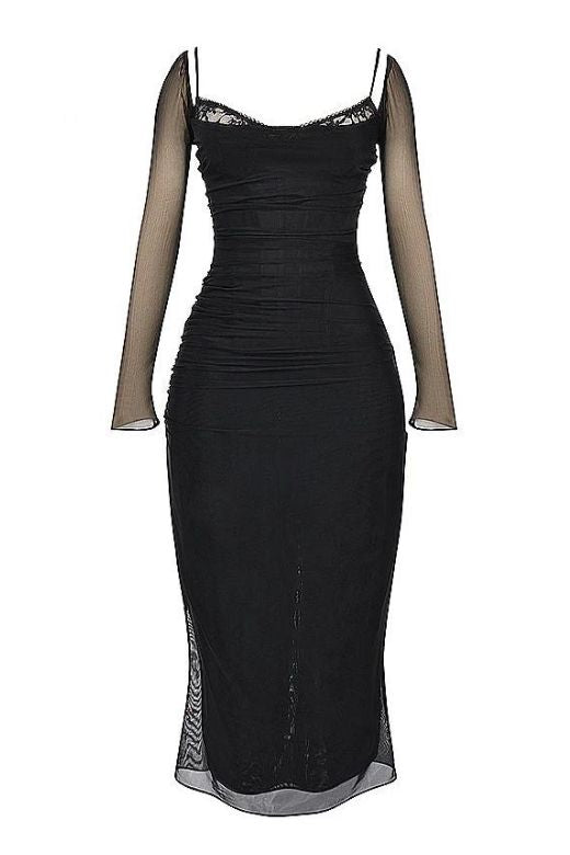 Woman wearing a figure flattering  Brianna Bodycon Long Sleeve Maxi Dress - Classic Black BODYCON COLLECTION