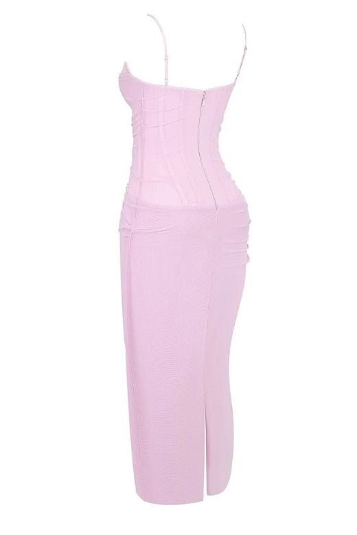 Woman wearing a figure flattering  Brianna Bodycon Wrap Maxi Dress - Dusty Pink BODYCON COLLECTION