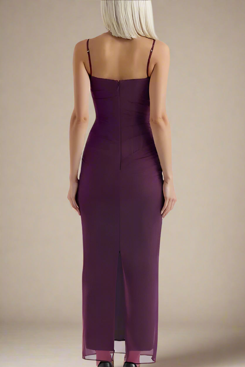 Woman wearing a figure flattering  Brianna Bodycon Wrap Maxi Dress - Plum Purple BODYCON COLLECTION