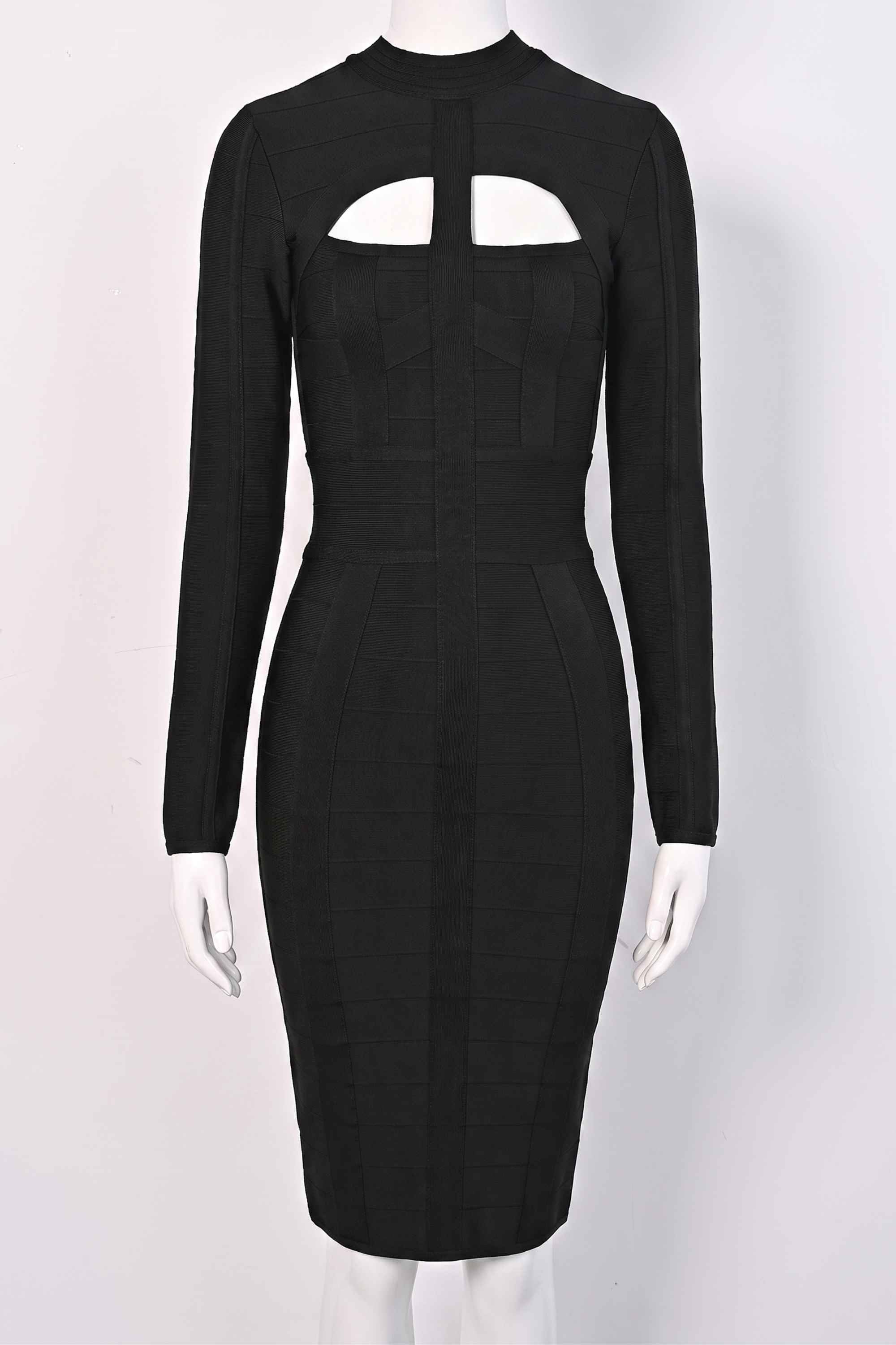 Woman wearing a figure flattering  Brooke Long Sleeve Bandage Dress - Classic Black BODYCON COLLECTION