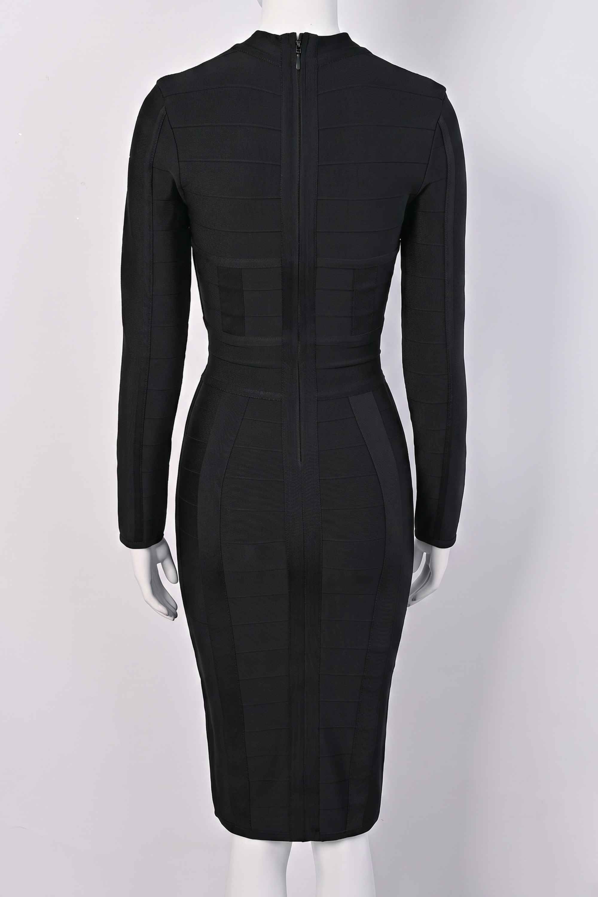 Woman wearing a figure flattering  Brooke Long Sleeve Bandage Dress - Classic Black BODYCON COLLECTION