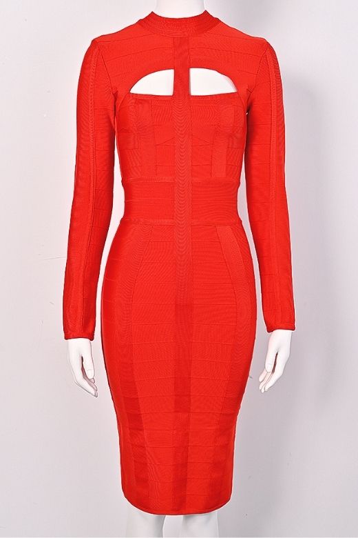 Woman wearing a figure flattering  Brooke Long Sleeve Bandage Dress - Lipstick Red BODYCON COLLECTION