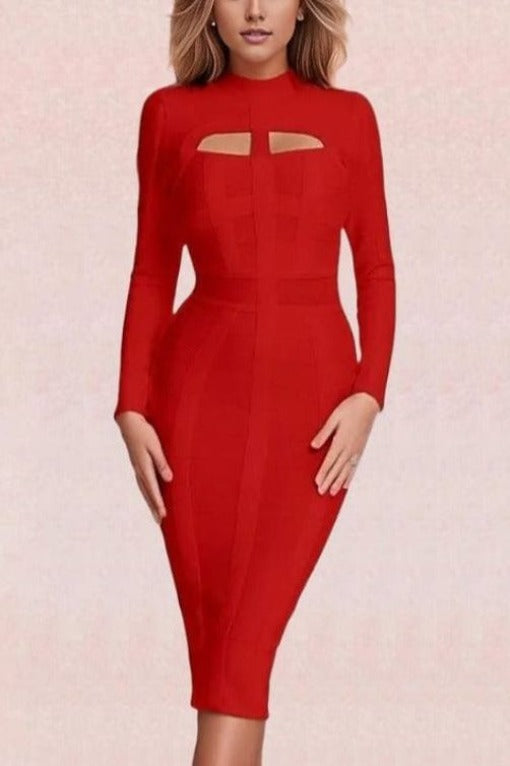 Woman wearing a figure flattering  Brooke Long Sleeve Bandage Dress - Lipstick Red BODYCON COLLECTION