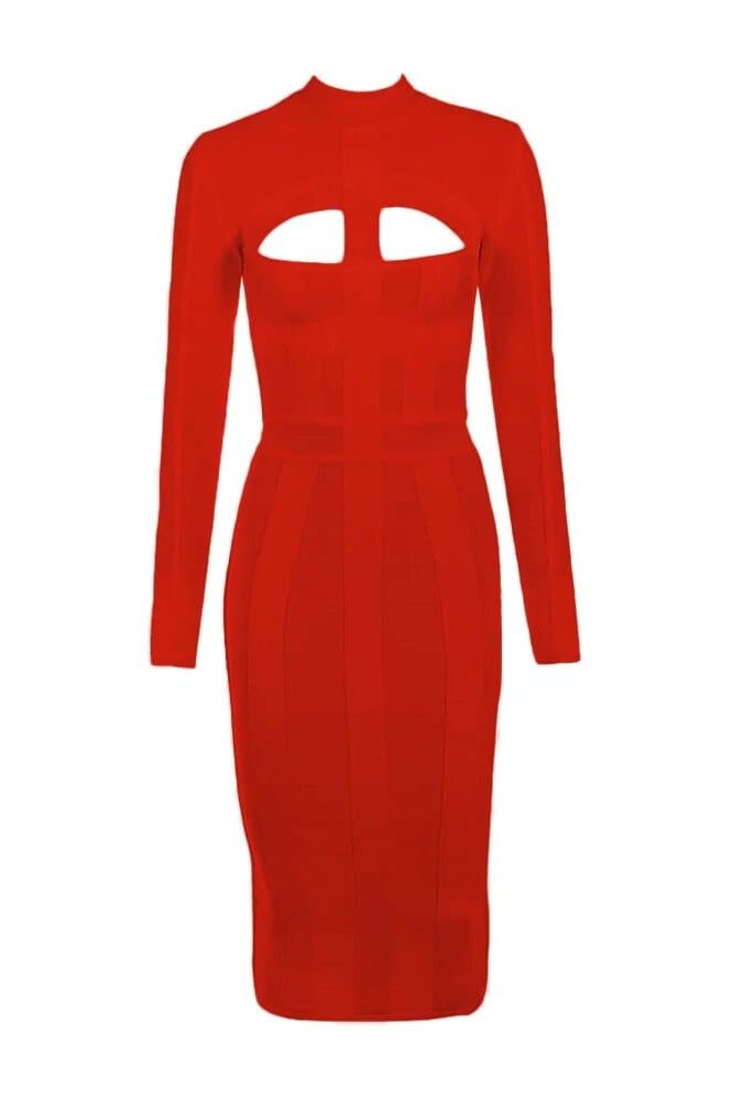 Woman wearing a figure flattering  Brooke Long Sleeve Bandage Dress - Lipstick Red BODYCON COLLECTION