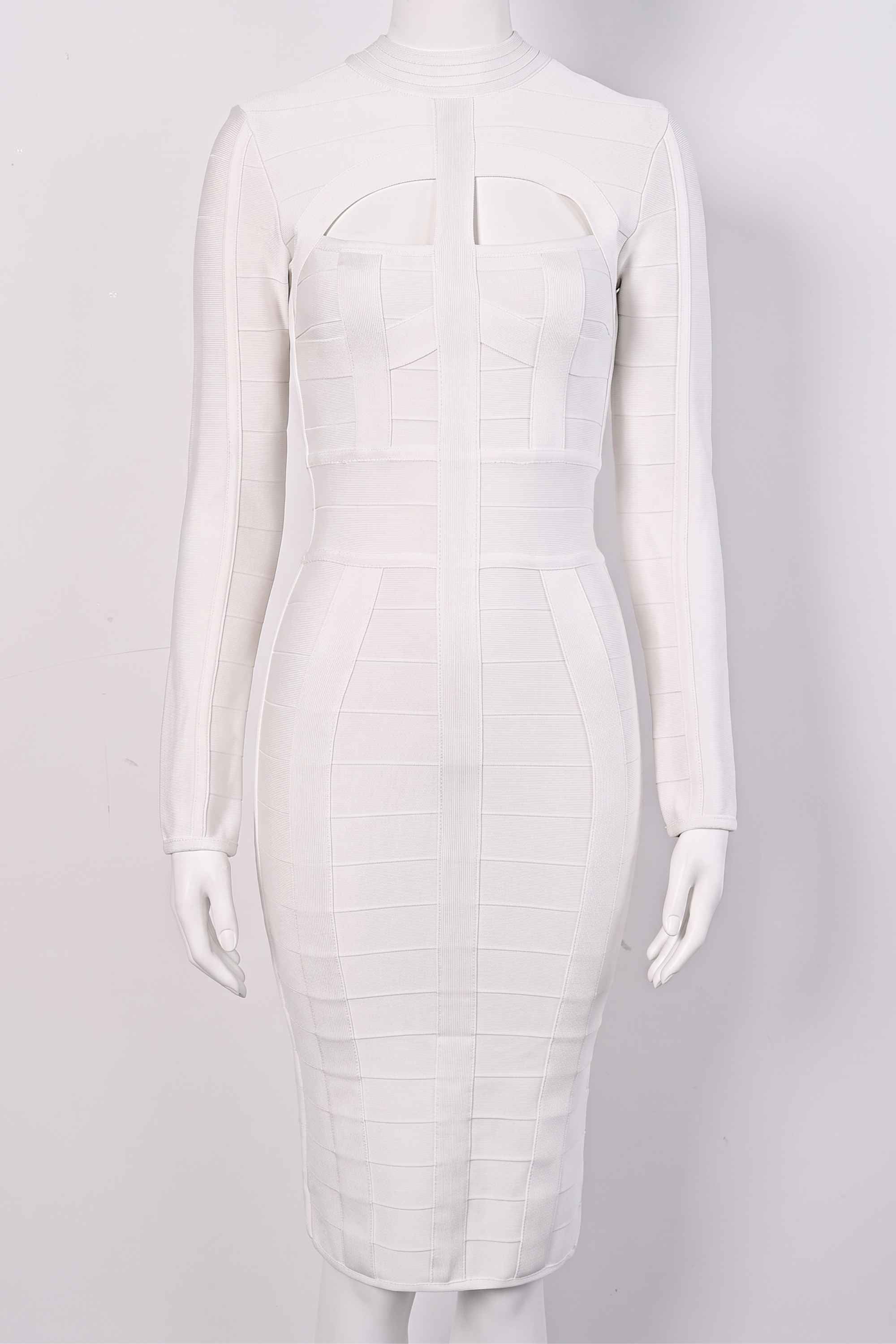 Woman wearing a figure flattering  Brooke Long Sleeve Bandage Dress - Pearl White BODYCON COLLECTION