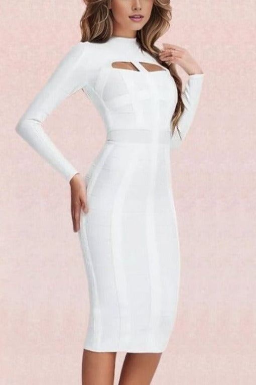Woman wearing a figure flattering  Brooke Long Sleeve Bandage Dress - Pearl White BODYCON COLLECTION