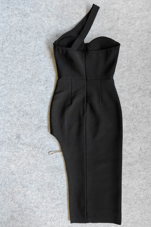 Woman wearing a figure flattering  Cairo Bandage Midi Dress - Classic Black BODYCON COLLECTION