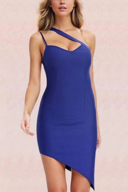 Woman wearing a figure flattering  Caitlin Bandage Dress - Navy Blue BODYCON COLLECTION