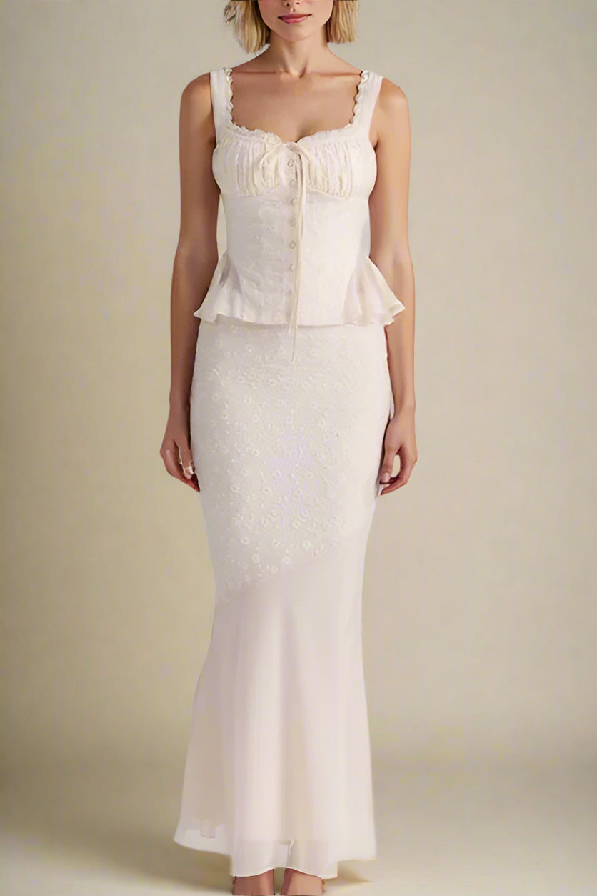 Woman wearing a figure flattering  Cali Wrap Top and Maxi Skirt Set - Ivory White BODYCON COLLECTION