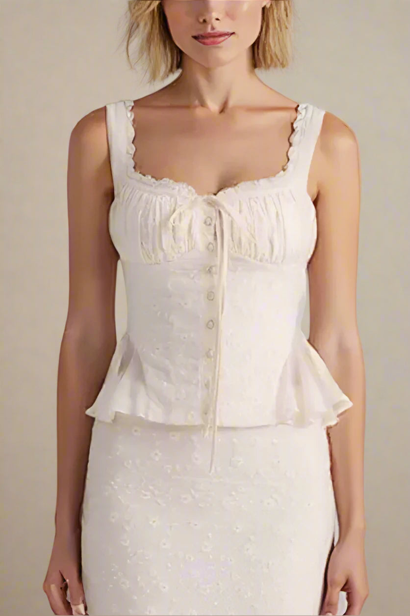 Woman wearing a figure flattering  Cali Wrap Top - Ivory White BODYCON COLLECTION