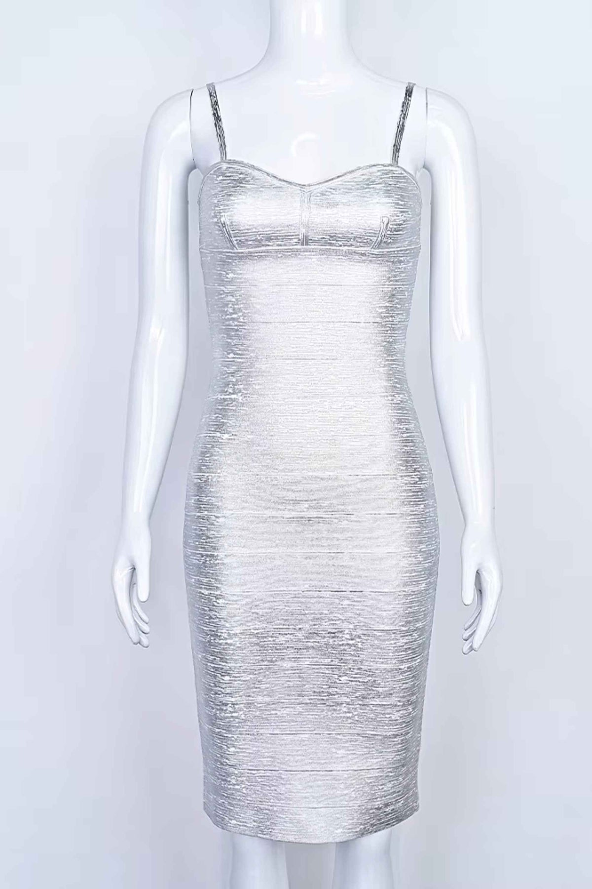 Woman wearing a figure flattering  Camila Bandage Dress - Silver BODYCON COLLECTION Pty Ltd
